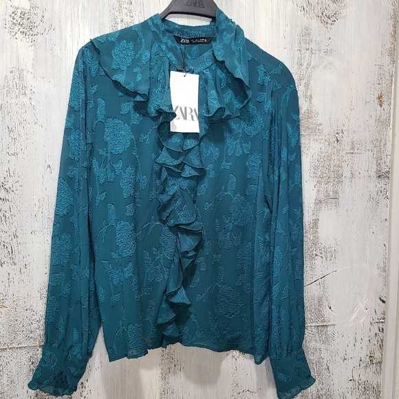 ZARA RUFFLED JACQUARD SHIRT DUCK GREEN SIZE L | 2285/893/538 - Picture 7 of 12
